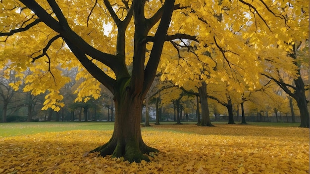 Escena sombría de otoño con el dosel dorado de los árboles