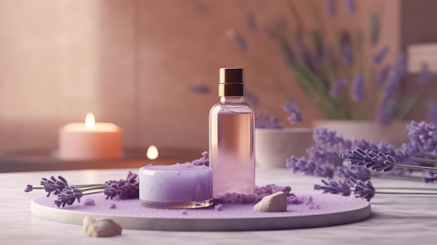 Escena de spa contemporánea con sal de baño de lavanda y aceite de masaje generado por IA