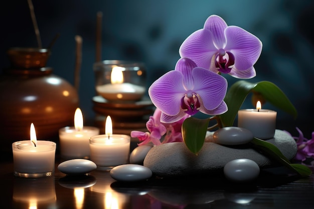 Escena de spa con piedras serenas, velas parpadeantes y una elegante representación de orquídeas