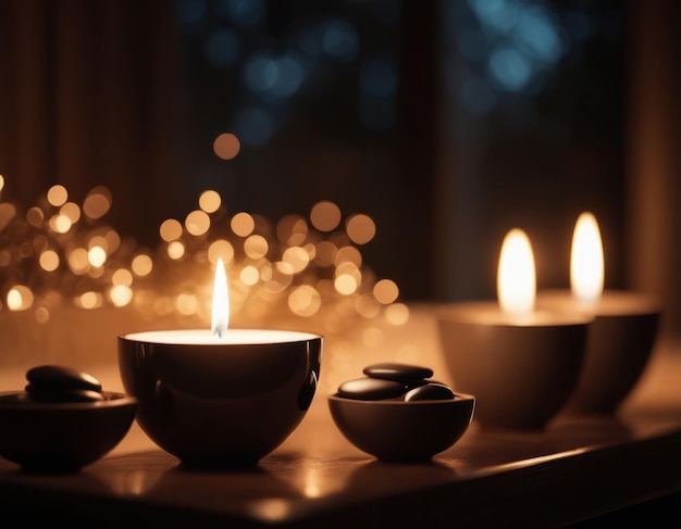 Una escena de spa con velas serenas con un cuenco de guijarros y dos velas encendidas en un banco de la ventana