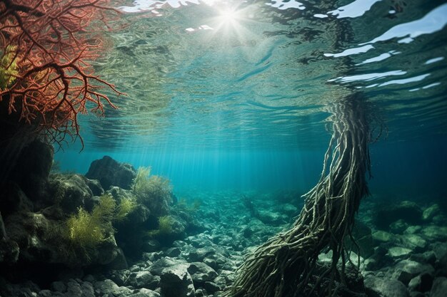 Escena subaquática com fãs gigantes do mar