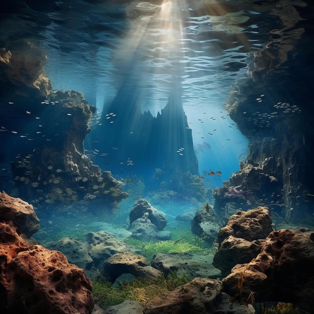 escena submarina de un arrecife de coral con peces nadando debajo