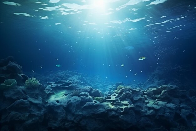 Escena submarina con arrecife de coral y rayos de sol renderización 3D Ai Generado