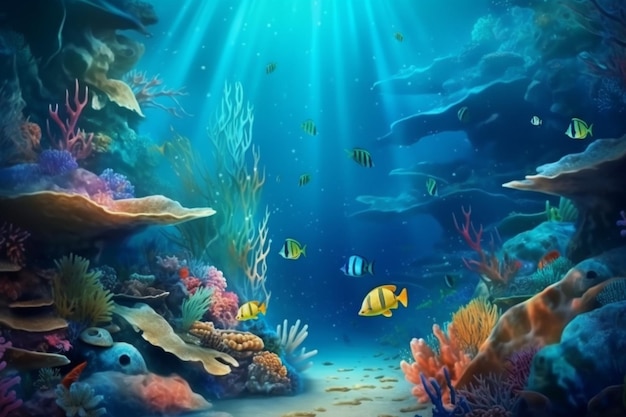 Escena submarina con arrecifes de coral y peces exóticos