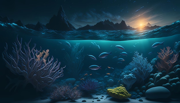 Escena submarina cautivadora Luz solar de coral y vida acuática