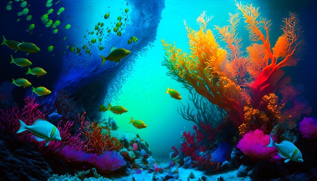 Escena submarina colorida con peces y corales IA generativa