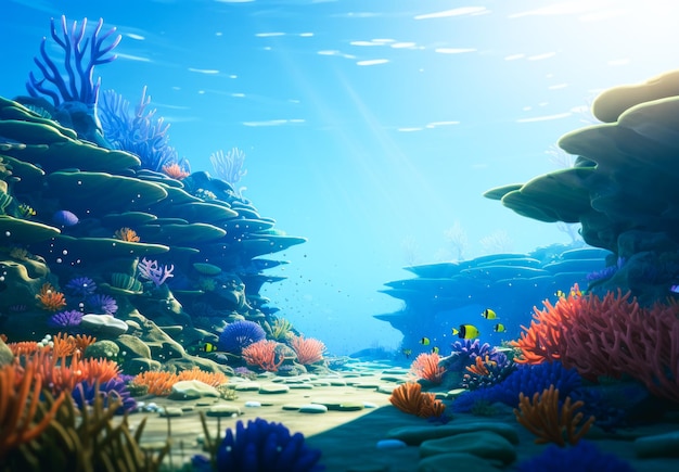 Escena submarina con corales y peces tropicales.