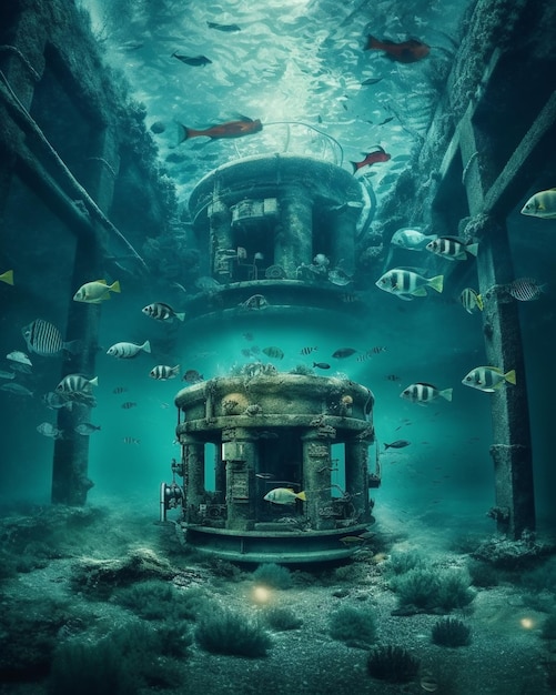 Una escena submarina con un edificio y un pez nadando a su alrededor.