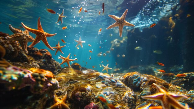 Escena submarina con estrellas de mar esparcidas por un arrecife rocoso un bullicioso ecosistema marino