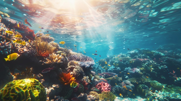 Escena submarina del fondo marino tropical con arrecifes y sol