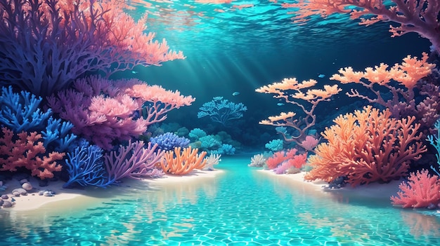 Escena submarina con hermosos corales y peces tropicales en 3D