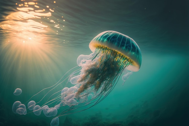 Escena submarina de medusas flotando en los rayos del sol debajo de la superficie del océano