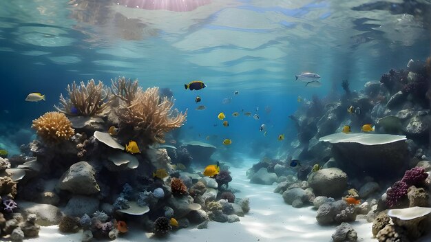 Foto una escena submarina con peces y corales y un buzo en el agua
