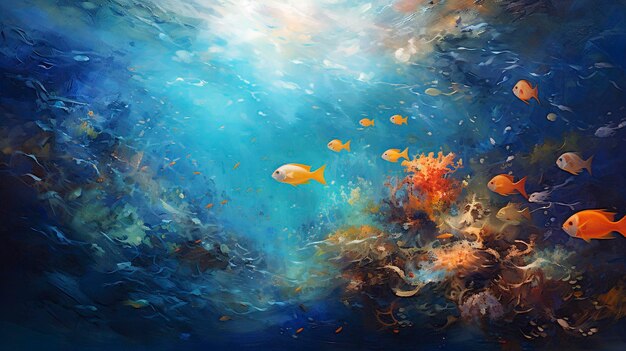 Escena submarina con peces nadando en las profundidades del océano azul iluminado por el sol arte digital