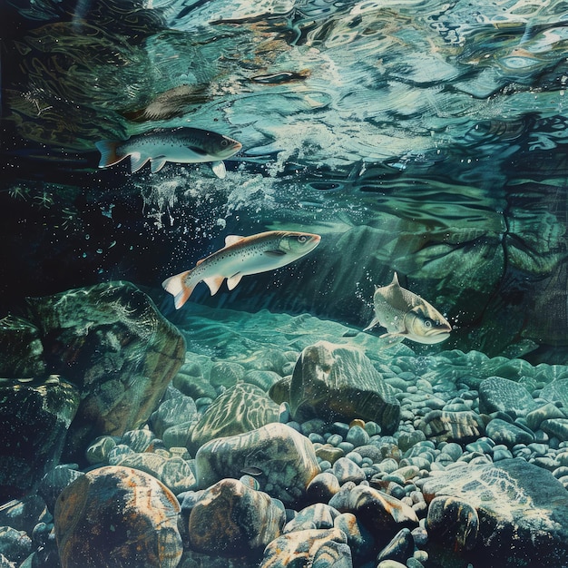 Escena submarina con peces y piedras en el océano