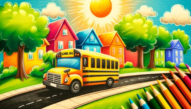Escena suburbana colorida com ônibus escolares e casas
