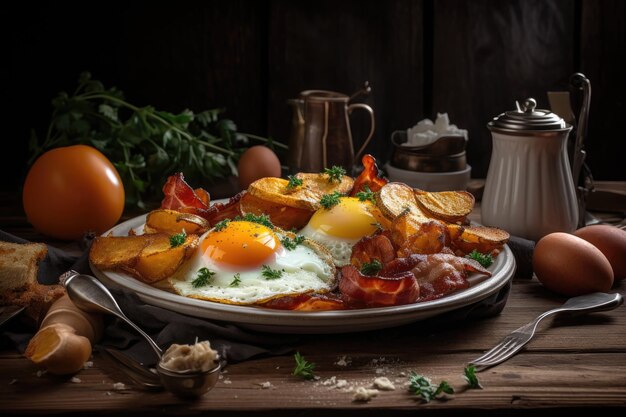 Escena suculenta huevos de tocino y patatas en armonía generativa IA