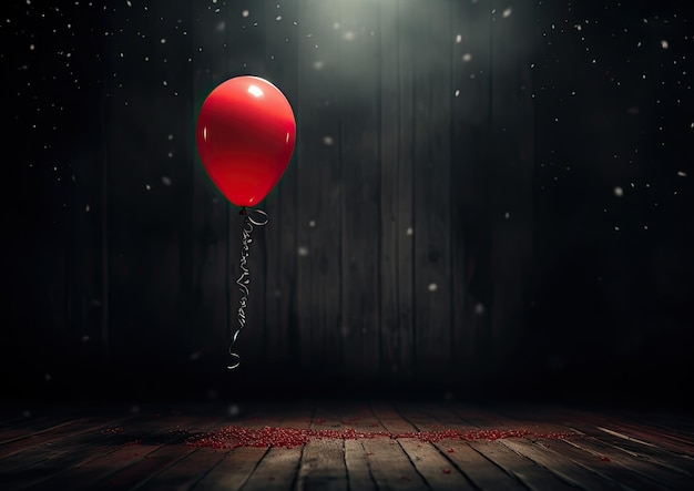 Una escena surrealista de un globo rojo flotando en una habitación oscura con cintas negras cayendo en cascada