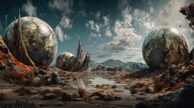 Foto una escena surrealista de planetas generativos ai.