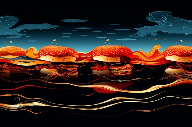 Una escena surrealista con rollos de langosta flotando entre formas abstractas y coloridas