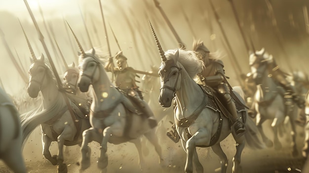 Foto una escena surrealista de unicornios armados con espadas y escudos cargando en la batalla ilustración generada por ia