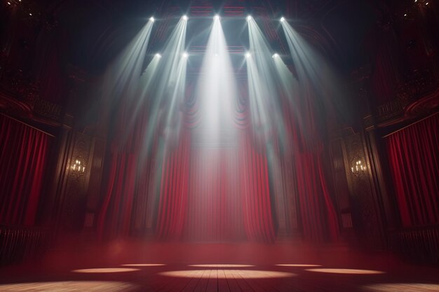 Escena de teatro con cortinas rojas y focos Escena teatral en el fondo claro