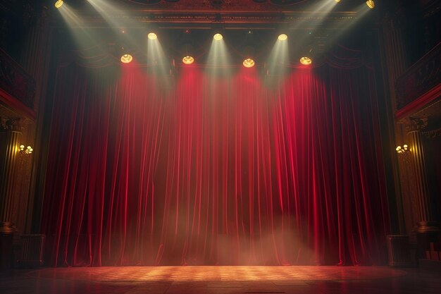 Escena de teatro con cortinas rojas y focos Escena teatral en el fondo claro