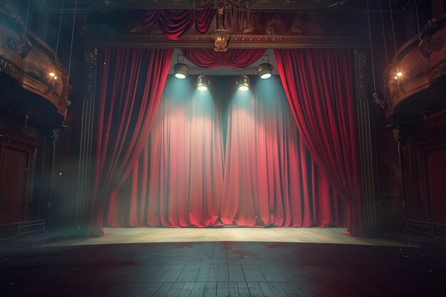 Escena de teatro con cortinas rojas y focos Escena teatral en el fondo claro