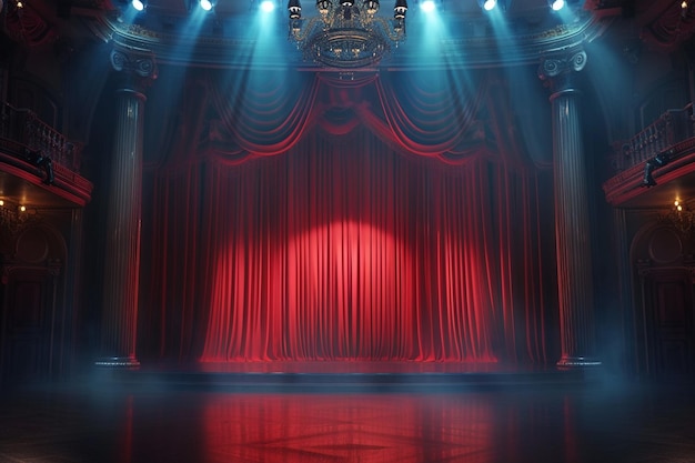 Escena de teatro con cortinas rojas y focos Escena teatral en el fondo claro