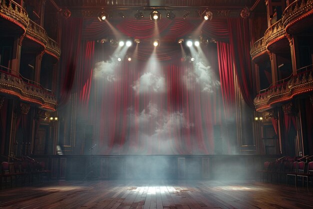 Escena de teatro con cortinas rojas y focos Escena teatral en el fondo claro