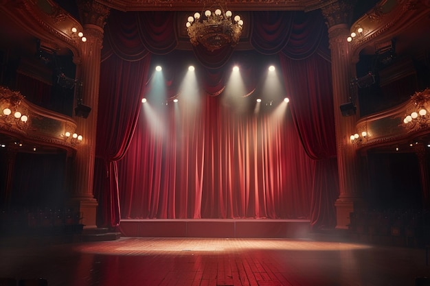 Escena de teatro con cortinas rojas y focos Escena teatral en el fondo claro