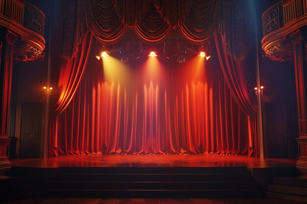 Escena de teatro con cortinas rojas y focos Escena teatral en el fondo claro