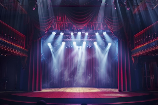 Escena de teatro con cortinas rojas y focos Escena teatral en el fondo claro