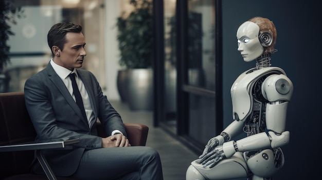 escena tensa en la sala de espera, un candidato humano con traje y un robot de inteligencia artificial con traje de negocios esperan nerviosamente una entrevista
