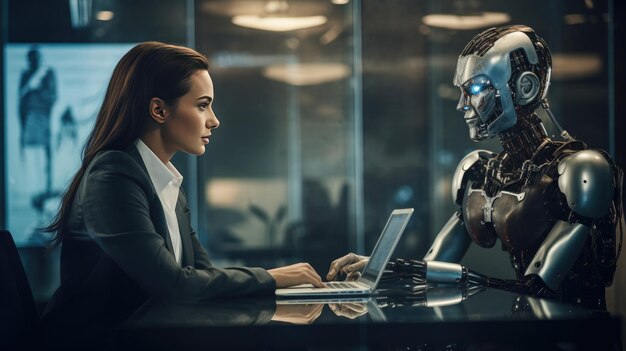 escena tensa en la sala de espera, una chica vestida de negocios y un robot de inteligencia artificial están esperando una entrevista