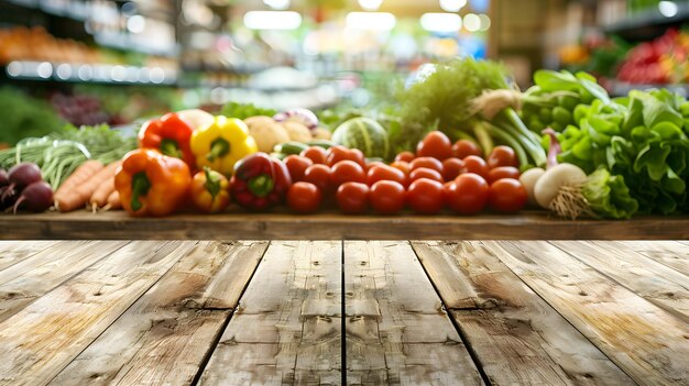 Foto escena de una tienda de mercado orgánico con un pedestal de madera vacío contra un telón de fondo borroso de verduras y frutas variadas que destacan las ofertas de productos saludables y vegetarianos