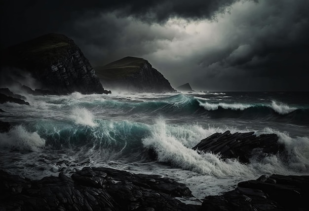 Escena tormentosa oscura con olas rompiendo en las rocas IA generativa