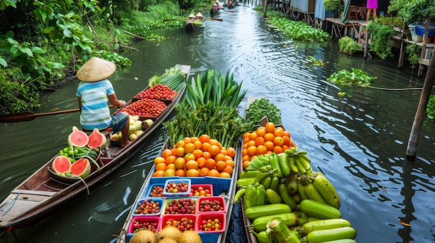 Una escena tradicional del mercado flotante tailandés con barcos cargados de frutas, verduras y mariscos frescos