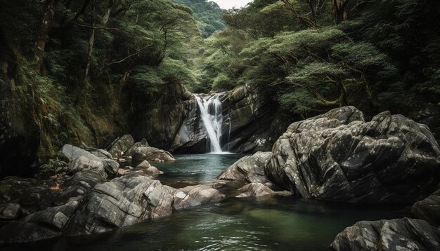 Escena tranquila de agua que fluye en el bosque generada por IA