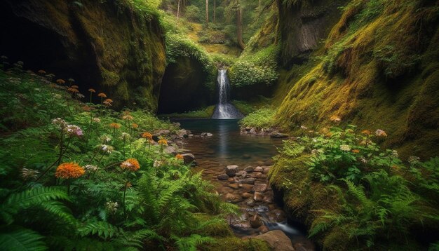 Escena tranquila de agua que fluye en el bosque generada por IA