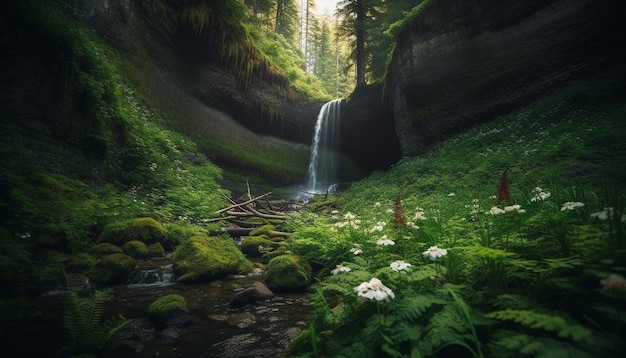 Escena tranquila de agua que fluye en el bosque generada por IA