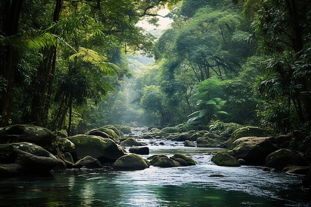 Una escena tranquila de aguas que fluyen en el paraíso de la selva tropical