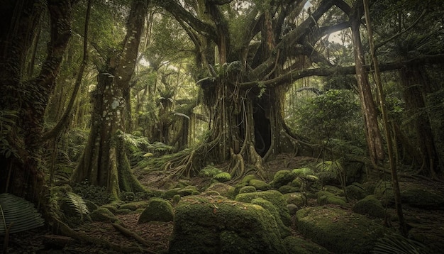Escena tranquila de la antigua belleza verde de la selva tropical generada por IA