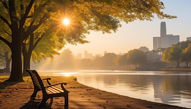 Escena tranquila árbol de otoño refleja la luz solar en el agua generada por la IA