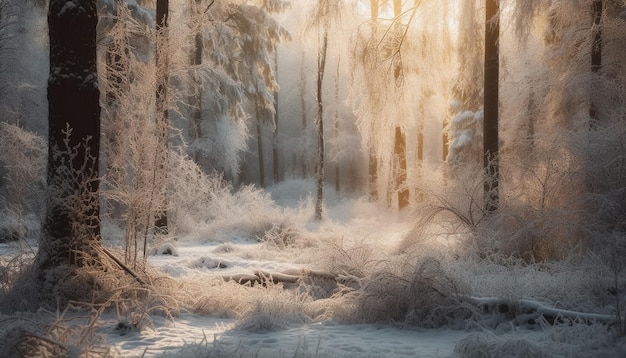 Escena tranquila del bosque de invierno en la nieve generada por IA