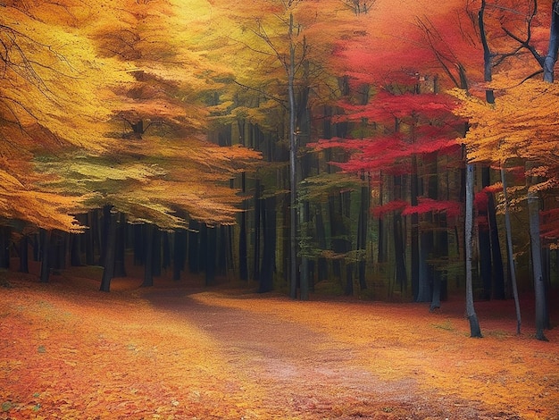 Una escena tranquila de un bosque misterioso con árboles de colores de otoño