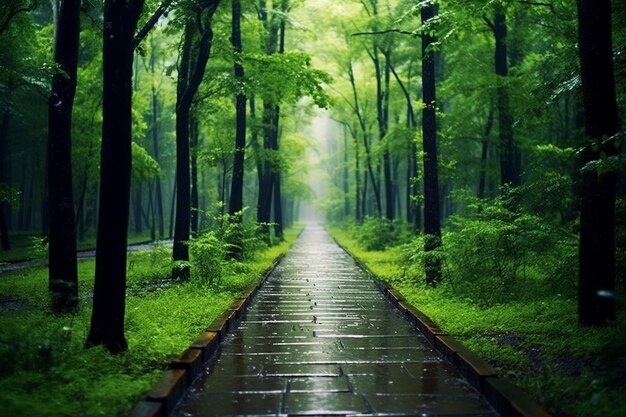 Una escena tranquila de un bosque oscuro con un sendero misterioso