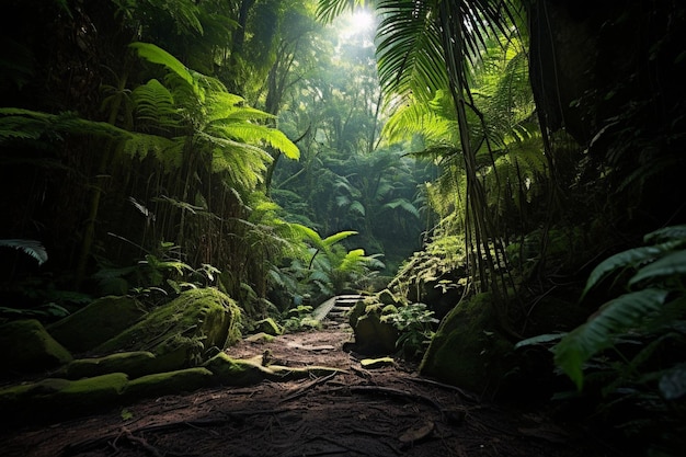 Foto una escena tranquila de un bosque oscuro con un sendero misterioso