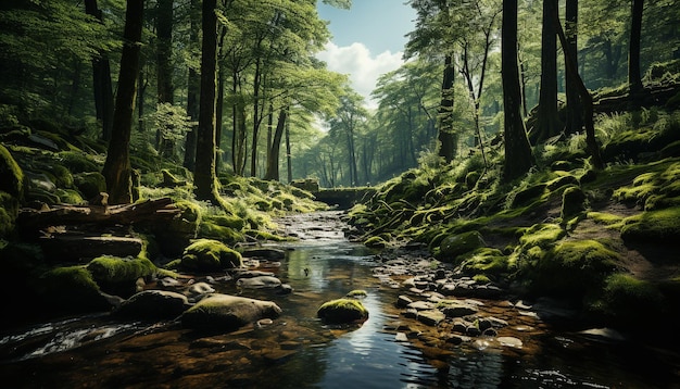 Escena tranquila de bosque verde que fluye agua y majestuosas montañas generadas por inteligencia artificial