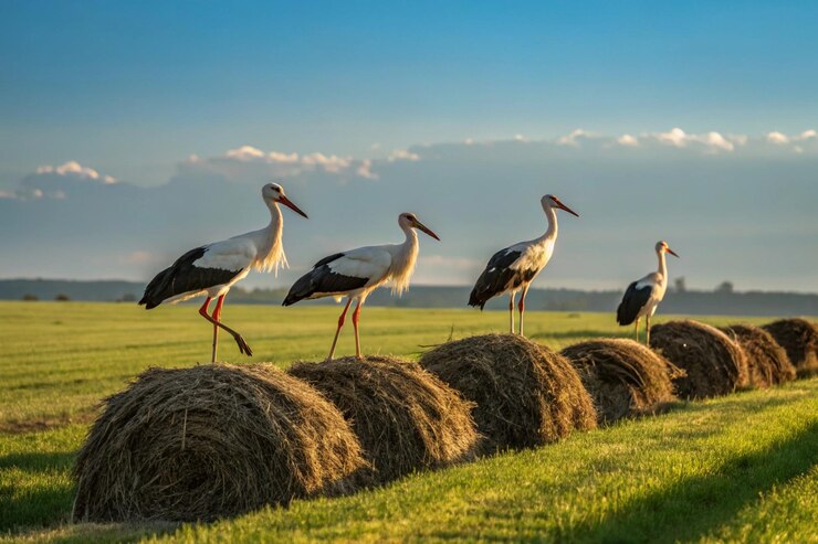 Una escena tranquila en el campo con cigüeñas esparcidas por un campo extenso